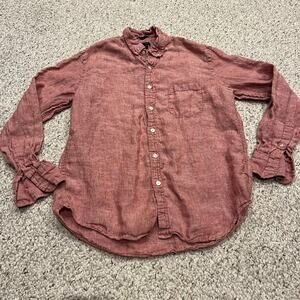 J Crew Slim Fit Linen Button Down Shirt Sz L Long Sleeve Red Baird McNutt Preppy